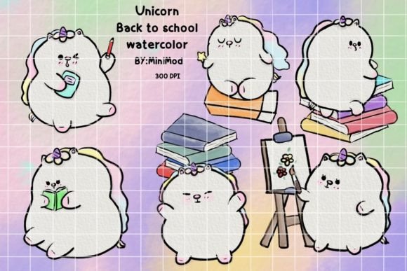 Unicorn Back to School Watercolor Illustrations for Digital Sellers