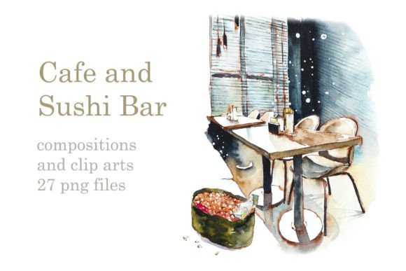 Watercolor Cafe and Sushi Bar Illustrations: A Crafter’s Dream for Digital Design Projects