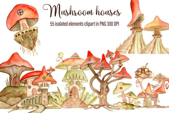 Watercolor Fairies Mushroom Clipart & Illustrations