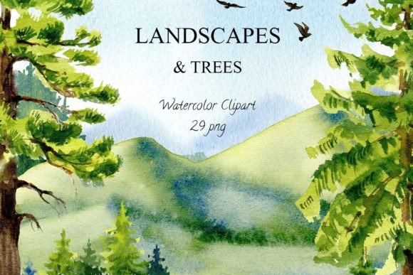 Watercolor Forest Landscape and Trees