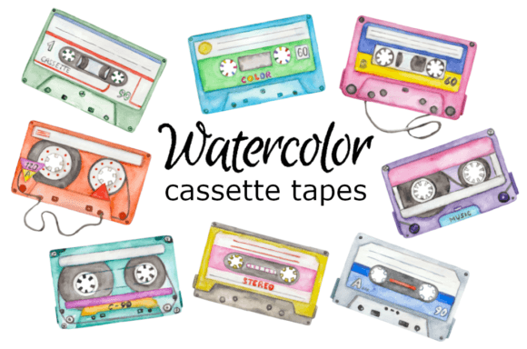 Watercolor Illustrations of Retro Cassette Tapes for Crafting & Handmade Business
