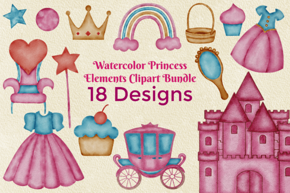 Watercolor Princess Clipart Bundle PNG & Illustrations